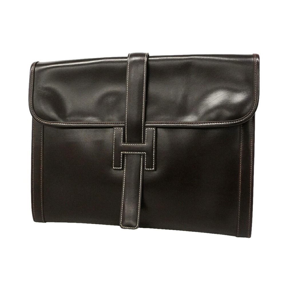 Hermes Jige GM Clutch Bag, Box Calf Leather, Dark Brown, ○K Stamp, Men's, P35...